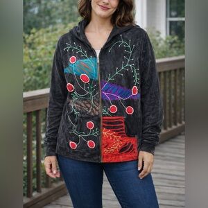 Rising International Embroidered Zip Hoodie Jacket Boho Art Wear